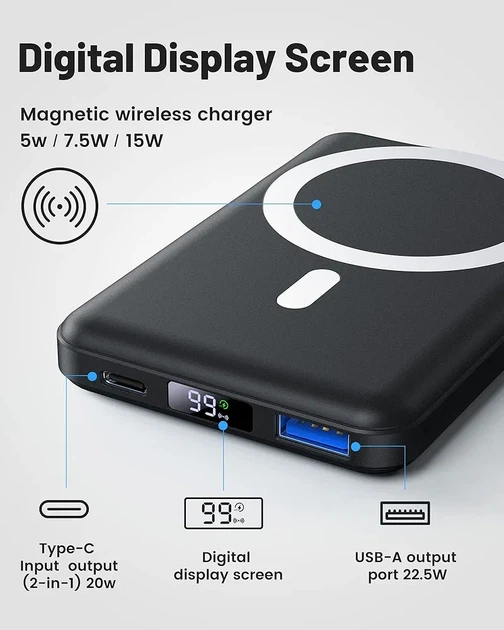 Павербанк Magsafe Powerbank 10000 мА·год магнітний Yiisonger бездротовий зарядний пристрій USB-C з дисплеєм маленький 0099d - зображення 6