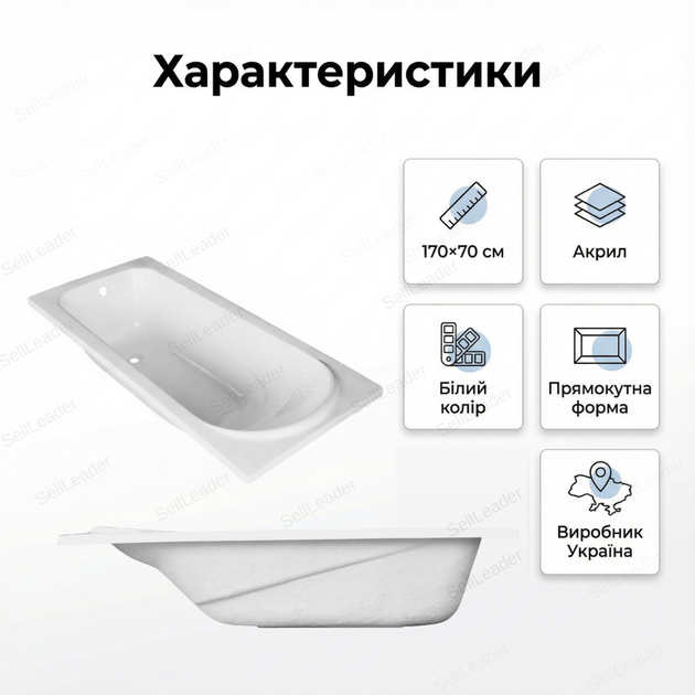Ванна акриловая Vivia Victoria anti-slip антискользящая чаша 170x70см пристенная легкая комфорт прямоугольная - изображение 3