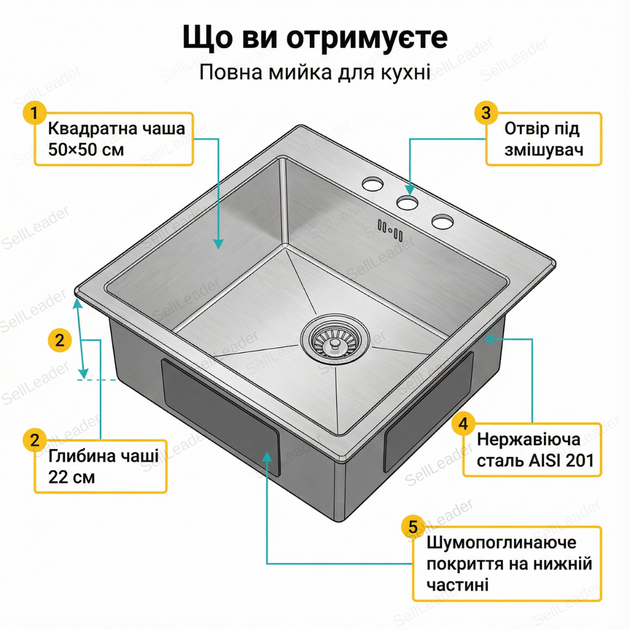 Мийка кухонна LEIF 50x50см врізна раковина з нержавіючої сталі сатинова глибина 22см квадратна - Фото 5 Мийка кухонна LEIF 50x50см врізна раковина з нержавіючої сталі сатинова глибина 22см квадратна - зображення 5