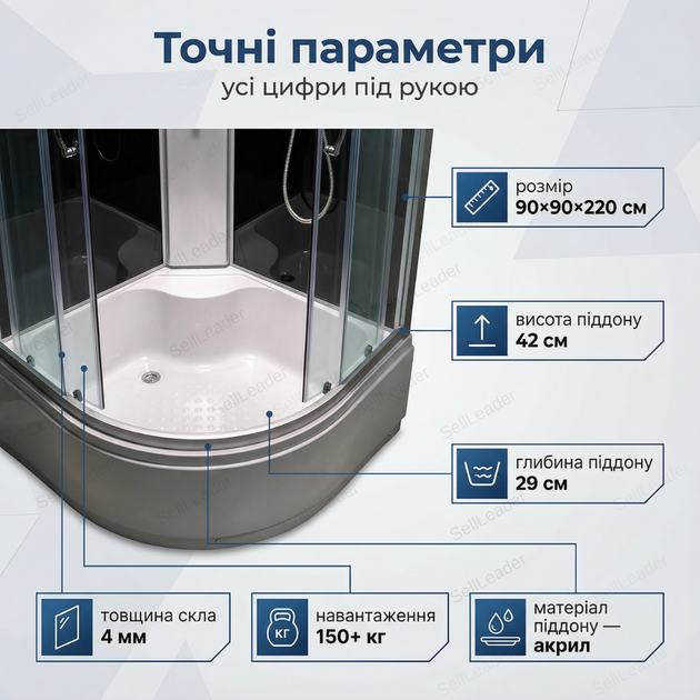 Гидробокс Vivia 90x90см угловой душевой бокс глубокий поддон 42см душевая кабина тропический душ гидромассаж - изображение 3