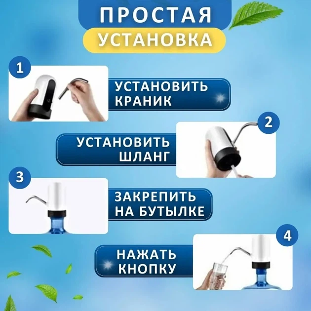Помпа для Води Електрична BRS White | Диспенсер Акумуляторний USB, На Бутель 5/18.9 л, З Індикатором Заряду - зображення 4