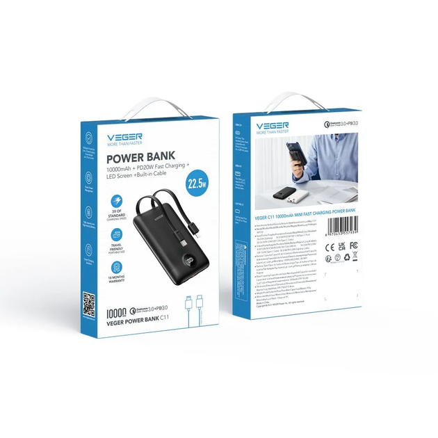 Зовнішній аккумулятор VEGER 10000 mAh with built-in cables - зображення 2