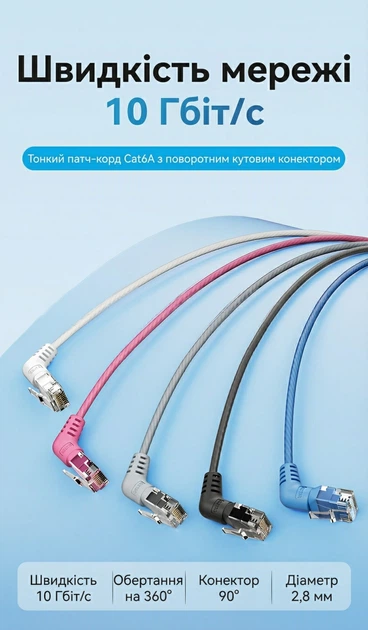Патч-корд Vention Cat6A UTP RJ45 10 Гбит/с 20 м поворотный 360° ультратонкий 2.8 мм Черный (IBOBQ) - изображение 2
