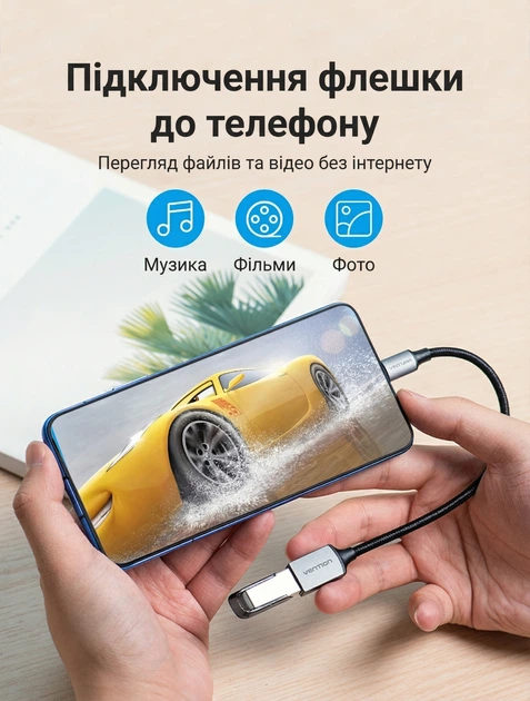 Кабель OTG Vention USB Type-C - USB-A 2.0 0.15 м 480 Мбит/с 2 А нейлоновая оплетка Серый (CCWHB) - изображение 3
