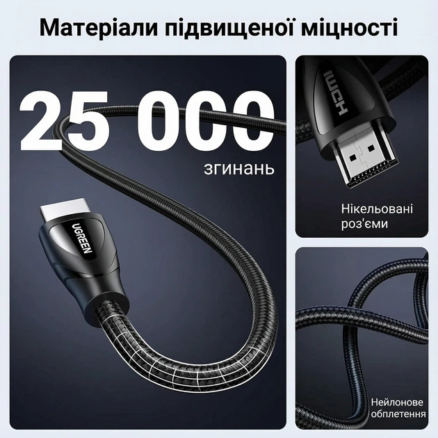 Кабель Ugreen HD140 HDMI 2.1 1 м 48 Гбіт/с, 8K 60Hz, 4K 240Hz, HDR10+, eARC, VRR, нейлонове обплетення Чорний (80401) - зображення 4