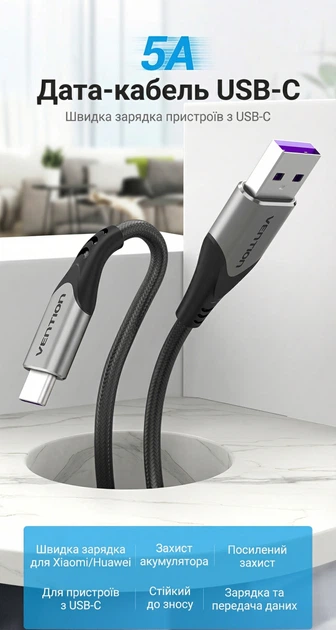 Кабель Vention USB-A - USB-C 5A QC/SCP 1 м Серый (COFHF) - Фото 2 Кабель Vention USB-A - USB-C 5A QC/SCP 1 м Серый (COFHF) - изображение 2