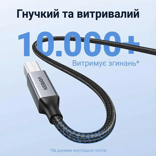 Кабель для принтера Ugreen US369 USB 2.0 USB-A - USB-B 2 м Нейлонове обплетення 480 Мбіт/с Чорний (80803) - зображення 3