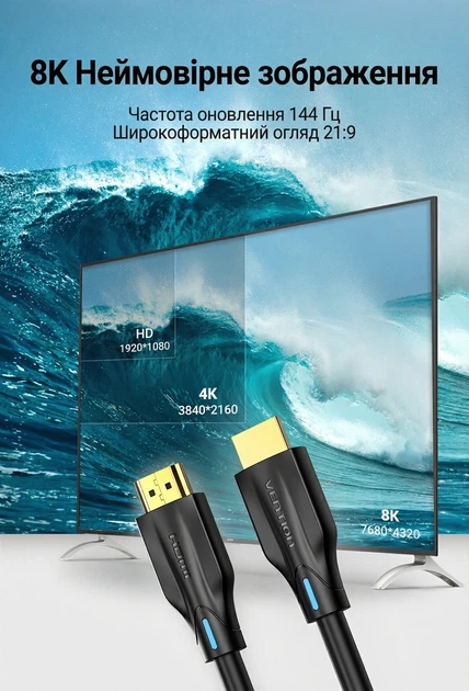 Кабель Vention HDMI 2.1 5 м 8K 60Гц 4K 120Гц 48 Гбит/с eARC Dynamic HDR Черный (AANBJ) - изображение 4