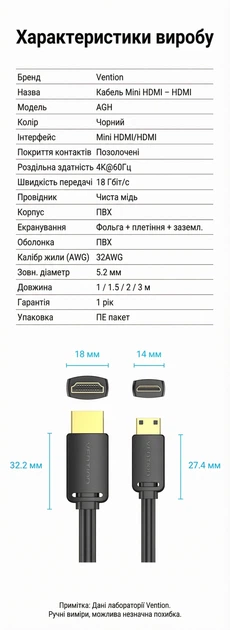 Кабель Vention Mini HDMI - HDMI 4K 60Hz 18 Гбит/с 1 м Черный (AGHBF) - изображение 10