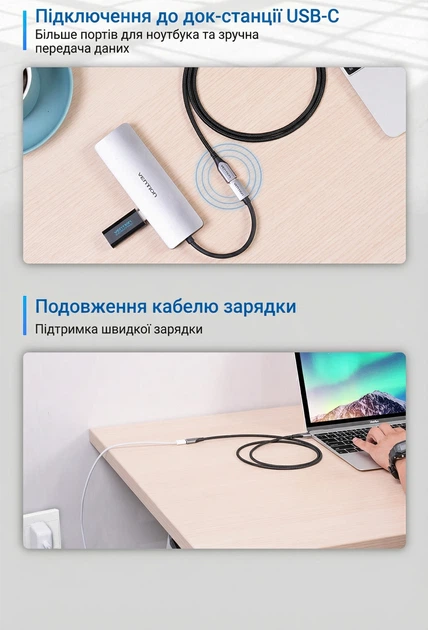 Подовжувач Vention USB-C 3.1 1 м PD 100W 5A, 4K 60Hz, 5 Гбіт/с Сірий (TABHF) - зображення 4