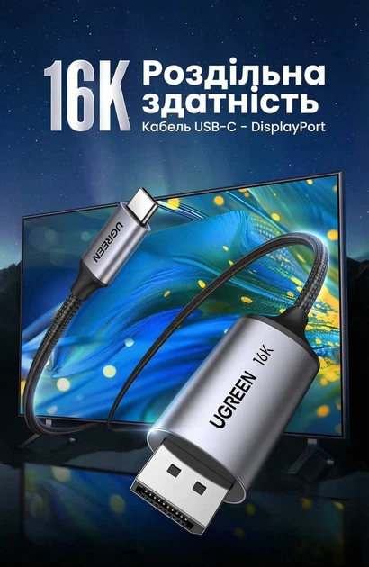 Кабель Ugreen CM707 USB-C - DisplayPort 2.1 2 м Темно-серый, 40 Гбит/с, 16K 30Hz, 4K 240Hz (25865) - изображение 3