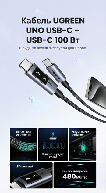 Кабель Ugreen Uno L509 USB-C - USB-C PD 3.0 100W 5A Smart LED-дисплей 1 м Сірий (35501) - зображення 2