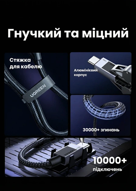 Кабель Ugreen L512 USB-C - USB-C PD 100W 5A E-Marker 3 м Серый (45065) - изображение 8