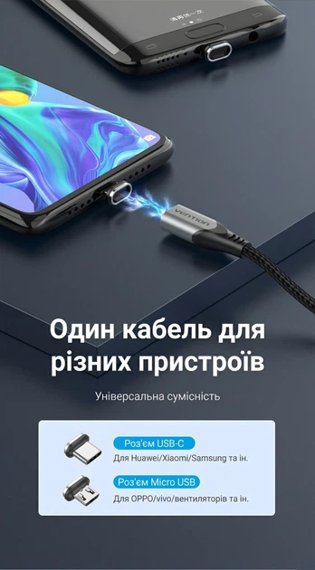 Кабель магнитный Vention 2 в 1 USB-A - Micro USB / USB-C 3 A нейлон 1.5 м Серый (CQMHG) - изображение 5