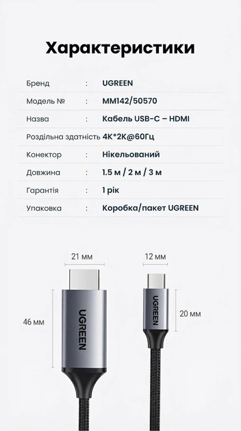 Кабель Ugreen MM142 USB Type-C - HDMI 4K 60Hz 1.5 м Thunderbolt 3 Черный (50570) - изображение 10