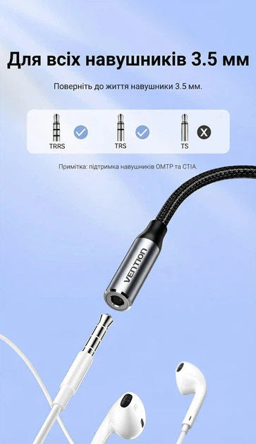 Аудиоадаптер Vention USB-C - 3.5 мм 0.1 м DAC Hi-Fi 96 кГц с поддержкой микрофона Серый (BIDHA) - Фото 4 Аудиоадаптер Vention USB-C - 3.5 мм 0.1 м DAC Hi-Fi 96 кГц с поддержкой микрофона Серый (BIDHA) - изображение 4