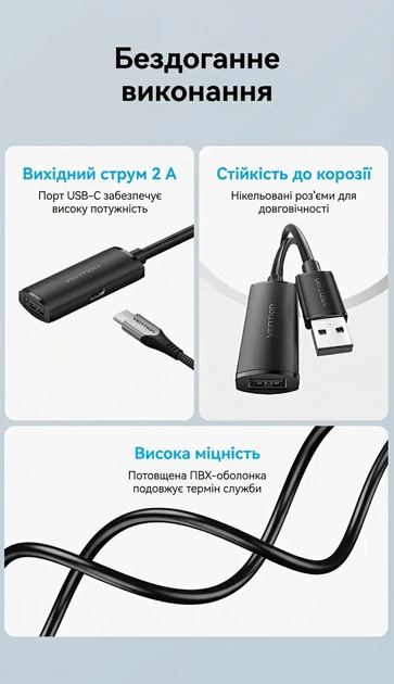 Активный удлинитель Vention USB 2.0 5 м с питанием USB-C 480 Мбит/с Черный (CBKBJ) - изображение 7