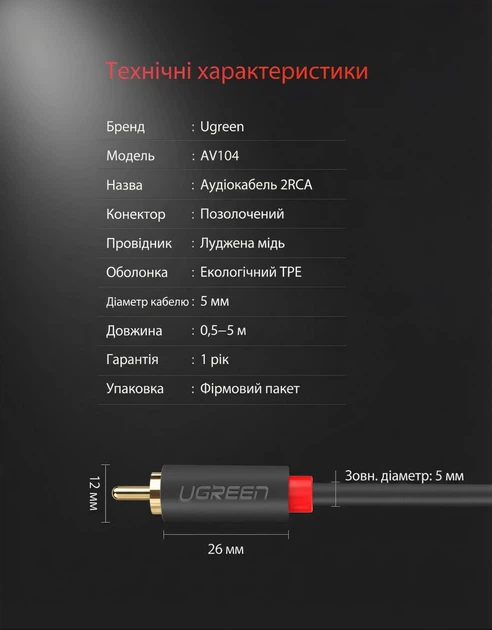 Аудиокабель Ugreen AV104 2RCA - 2RCA 1 м Hi-Fi Stereo Черный (30747) - изображение 9