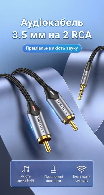 Аудіокабель Vention 3.5 мм - 2RCA 1.5 м Hi-Fi, позолочені конектори, бавовняне обплетення Сірий (BCNBG) - зображення 2
