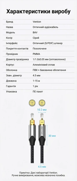 Оптический аудиокабель Vention Toslink - Toslink 1.5 м S/PDIF Hi-Fi 5.1 нейлоновая оплетка Серый (BAVHG) - изображение 10