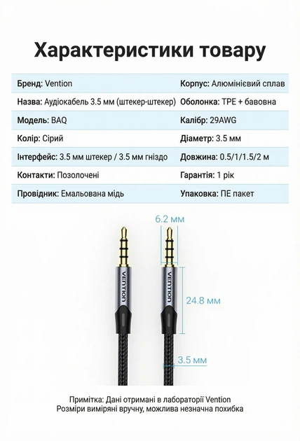 Кабель Vention TRRS Audio 3.5 мм 1.5 м 4-pin, с поддержкой микрофона, в оплетке Серый (BAQHG) - изображение 10