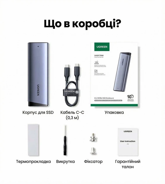 Внешний карман для M.2 NVMe SSD Ugreen CM767 USB-C 3.2 Gen2 10 Гбит/с алюминий кабель USB-C - USB-C 0.3 м Серый (35267) - изображение 3