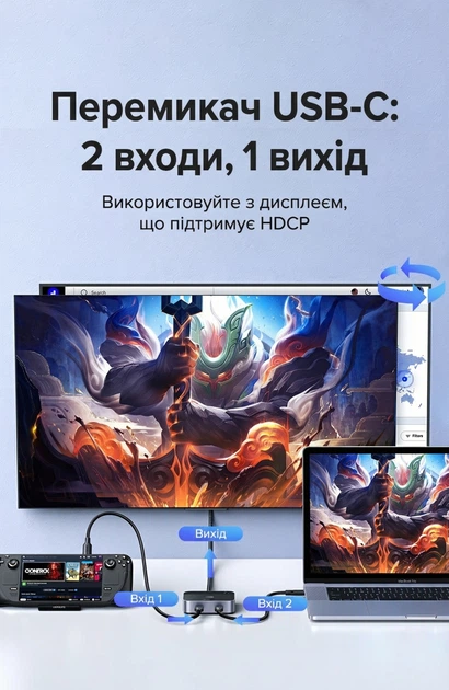 Переключатель Ugreen AW502 2x USB-C - HDMI 4K 60Гц, 2K 144Hz, HDR10+ Серый (55451) - Фото 3 Переключатель Ugreen AW502 2x USB-C - HDMI 4K 60Гц, 2K 144Hz, HDR10+ Серый (55451) - изображение 3
