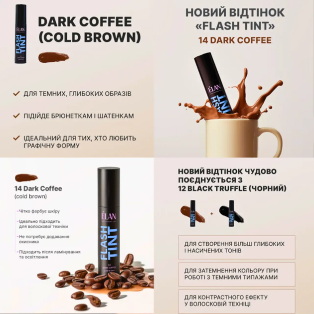 Краска для бровей и ресниц Flash Tint 14 Dark Coffee (cold brown) коричневая ELAN, 10 мл - изображение 8