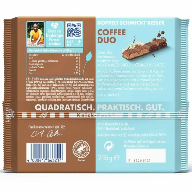 Шоколад Ritter Sport Coffee Duo Ріттер Спорт молочний макіато та хрумка кава 218 г - зображення 2