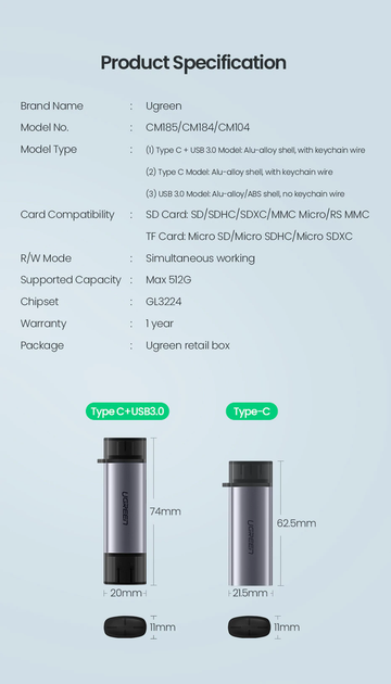 Кардрідер USB 3.0 Ugreen CM185 Type-C OTG / SD / TF / MicroSD Grey (50706) - зображення 10