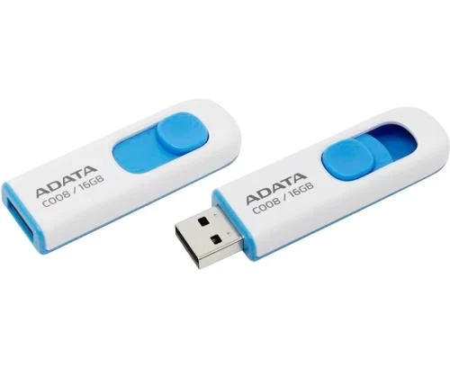 Флеш накопичувач USB 16Gb ADATA C008, White/Blue, USB 2.0 (AC008-16G-RWE) - Фото 1 Флеш накопичувач USB 16Gb ADATA C008, White/Blue, USB 2.0 (AC008-16G-RWE) - зображення 1