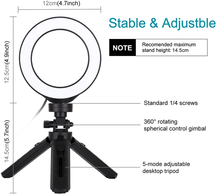 Lampa pierścieniowa LED Puluz PKT3058B 4.7" + statyw 12 cm - obraz 2