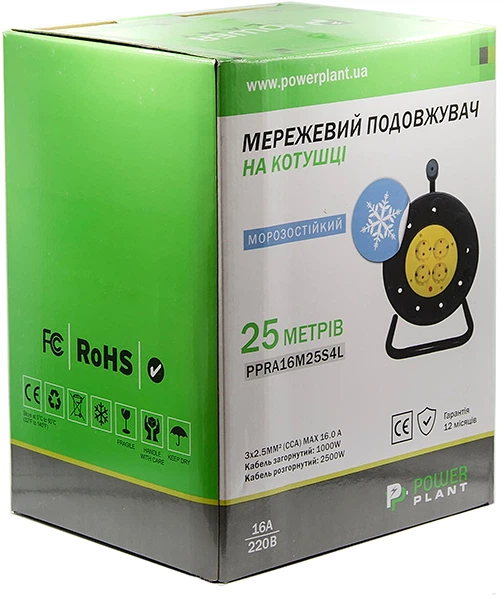 Подовжувач на котушці PowerPlant 25 м, 3x2.5мм2, 16А, 4 розетки, морозостІйкий (JY-2002/25) (PPRA16M25S4L) - зображення 3