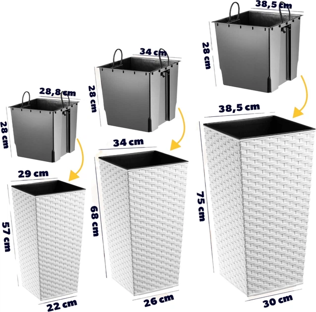 Donice na kwiaty z wkładem Kadax Pesaro K8066 30 cm + 35 cm + 40 cm Białe - obraz 2