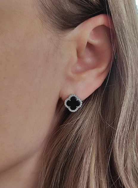 Серебряные серьги в стиле Van Cleef (Ван Клиф) клевер с Ониксом и камушками (ЛК-013631он) - изображение 5