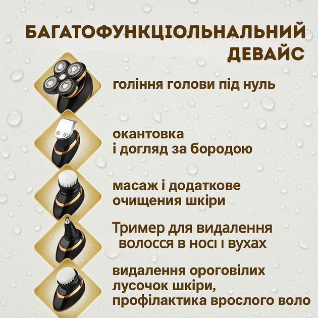 Чоловіча електро бритва VGR V-316 акумуляторна універсальна з насадками 5 в 1 компактна бритва VGR для стрижки бороди голови тример для носа і вух - зображення 2