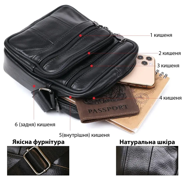 Кожаная небольшая мужская сумка Черный - Фото 3 Кожаная небольшая мужская сумка Черный - изображение 3