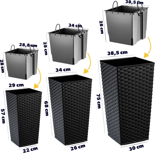 Donice na kwiaty z wkładem Kadax Pesaro K8067 30 cm + 35 cm + 40 cm Czarne - obraz 2