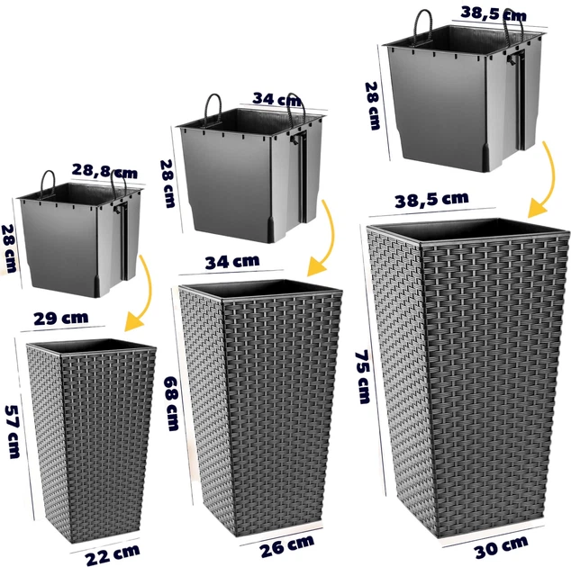 Donice na kwiaty z wkładem Kadax Pesaro K8068 30 cm + 35 cm + 40 cm Grafit - obraz 2