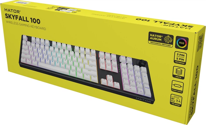 Klawiatura bezprzewodowa HATOR Skyfall 100 Aurum Lemon US layout Wireless/Bluetooth/USB Black-White (HTK3100) - obraz 8