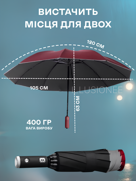 Зонт автомат зонтик с LED фонариком светоотражающей лентой 10 спиц складной компактный ветрозащитный зонты с прочным механизмом антиветер мужской женский автоматический удобный от дождя для сумки путешествий дороги прогулок дорожный красный 3DTOYSLAMP - изображение 11