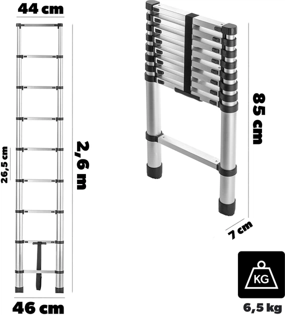 Алюмінієва драбина Kadax Zalavar телескопічна 2.6 м 9 сходинок K10538 (5906638301838) - зображення 6
