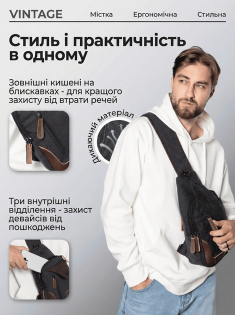 Сумка через плечо текстильная вертикальная маленькая Vintage Черная для дороги (bg200fash77) - Фото 5 Сумка через плечо текстильная вертикальная маленькая Vintage Черная для дороги (bg200fash77) - изображение 5