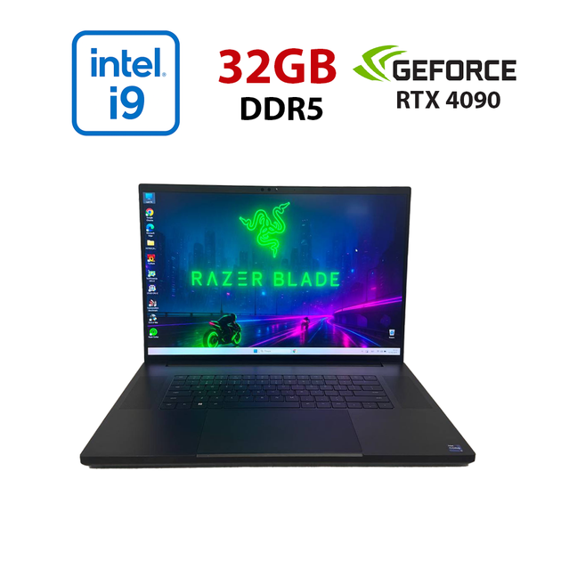 Ігровий ноутбук Б-класу Razer Blade 18 RZ09-0484 / 18" (2560x1600) IPS / Intel Core i9-13950HX (24 (32) ядра по 2,2 - 5,5 ГГц) / 32 ГБ DDR5 / 1000 ГБ SSD NVMe / nVidia GeForce RTX 4090, 16 ГБ GDDR6, 256-біт / Веб-камера б/в - Фото 1 Ігровий ноутбук Б-класу Razer Blade 18 RZ09-0484 / 18" (2560x1600) IPS / Intel Core i9-13950HX (24 (32) ядра по 2,2 - 5,5 ГГц) / 32 ГБ DDR5 / 1000 ГБ SSD NVMe / nVidia GeForce RTX 4090, 16 ГБ GDDR6, 256-біт / Веб-камера б/в - зображення 1