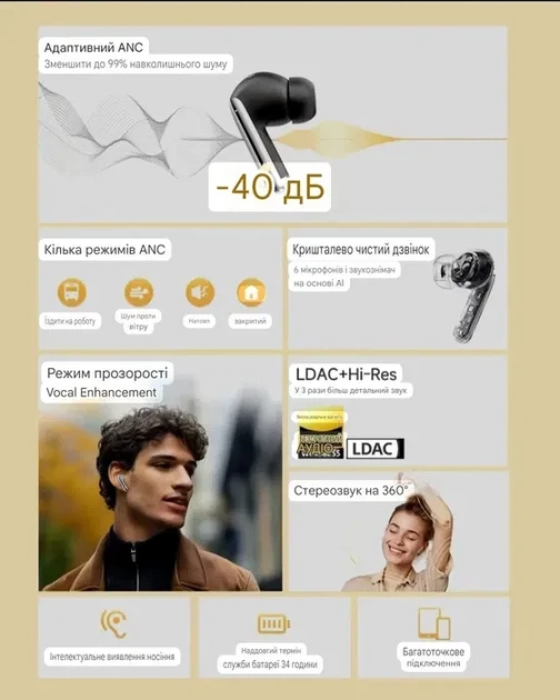 Бездротові навушники QCY MeloBuds Pro ANC | Активне шумопоглинання | 6 мікрофонів | Bluetooth 5.3 | Hi-Fi звук - зображення 2