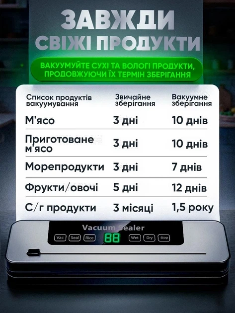 Вакууматор побутовий для продуктів їжі Vacuum Sealer 120W вакууманий пакувальник автоматичний + 10 пакетів - изображение 3