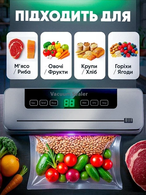 Вакууматор побутовий для продуктів їжі Vacuum Sealer 120W вакууманий пакувальник автоматичний + 10 пакетів - изображение 5