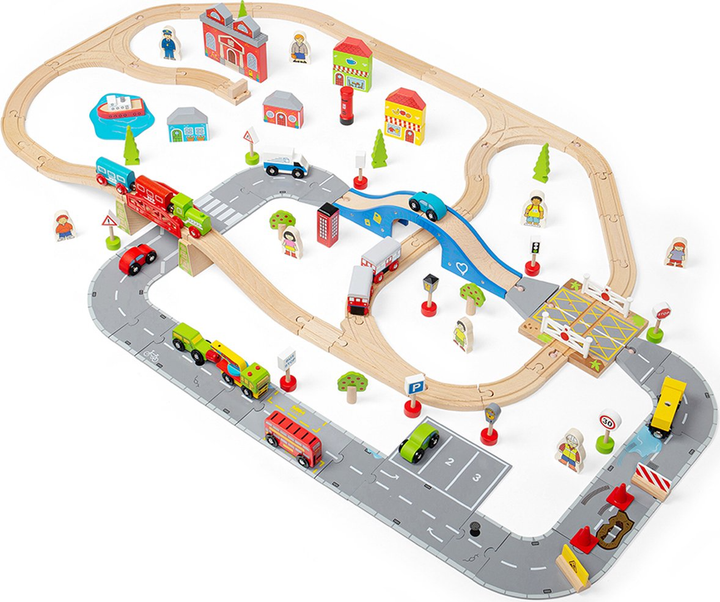 Duży drewniany zestaw Bigjigs Miejska droga i tory kolejowe 110 elementów (0691621090329) - obraz 5