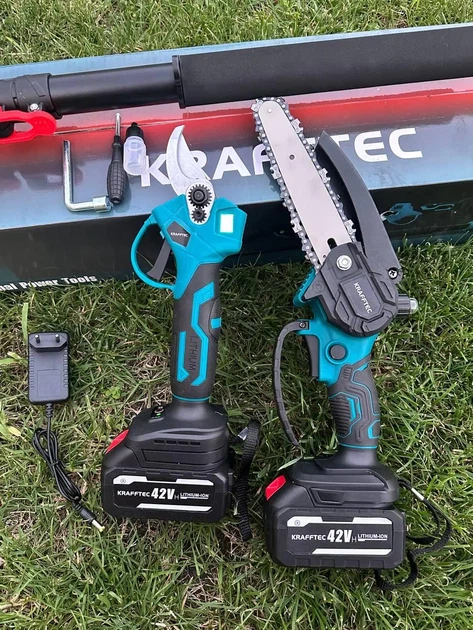 Аккумуляторный садовый набор 3в1 Krafftec 42 V с секатором, мини-пилой и телескопической штангой до 2,7 метра для обрезки деревьев и ухода за садом - изображение 7