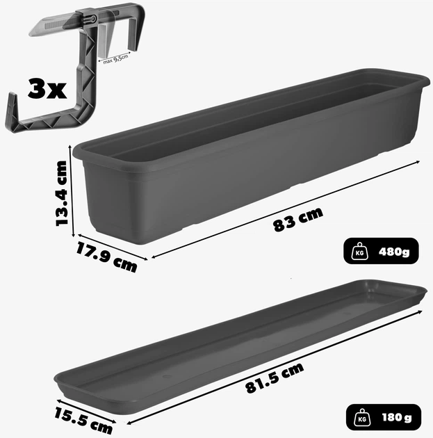 Zestaw donica balkonowa Kadax Evron 83 x 17.9 x 13.4 cm + Ucwyty Antracyt 3 szt (K8379) - obraz 2